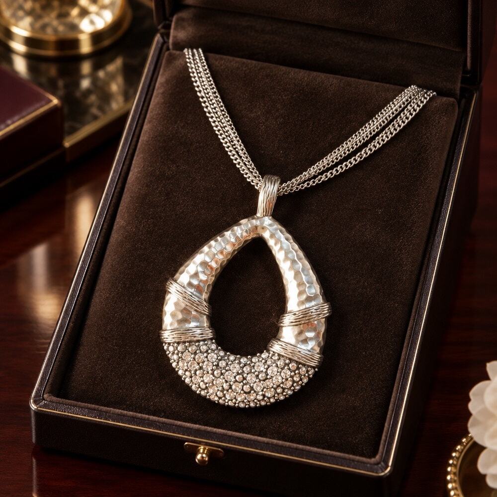 Vintage Premier Designs Silver Hammered Teardrop Rhinestone Statement Necklace